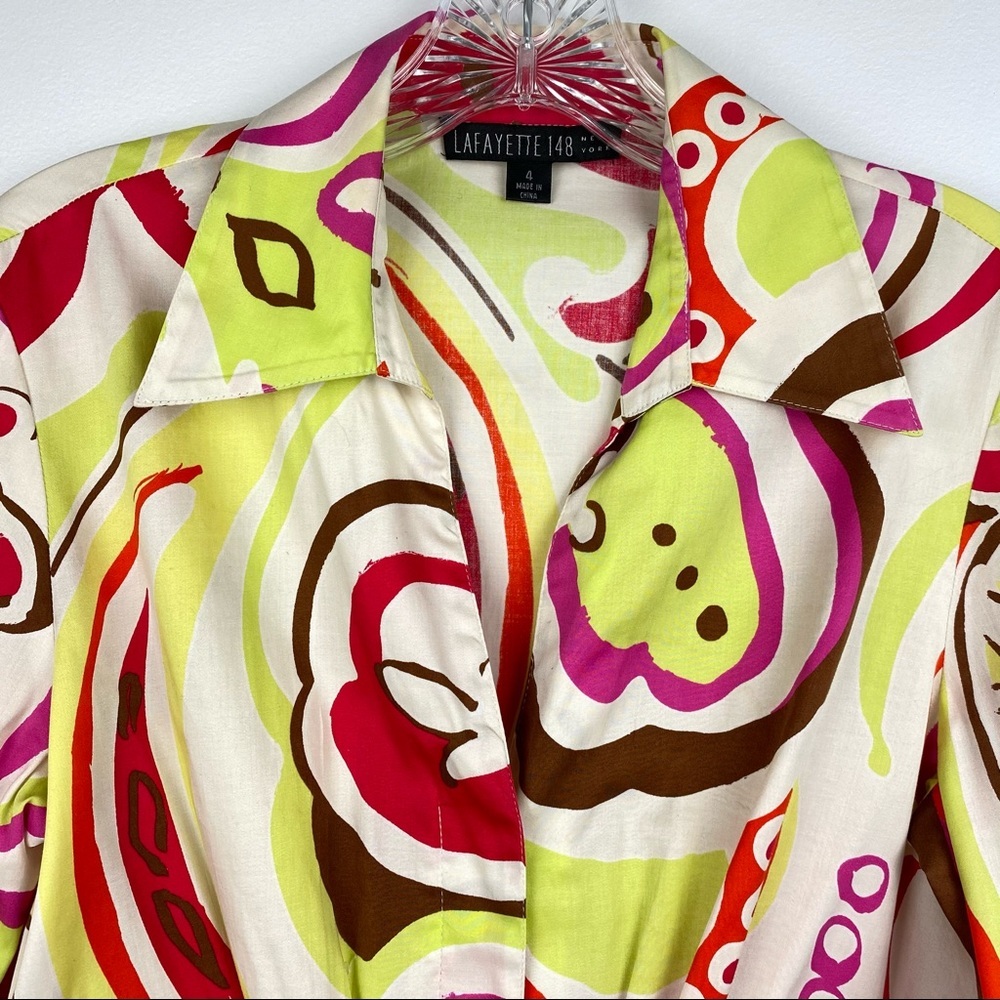 Lafayette 148 Y2K Abstract Print Tie Front Blouse 4 - Picture 3 of 9